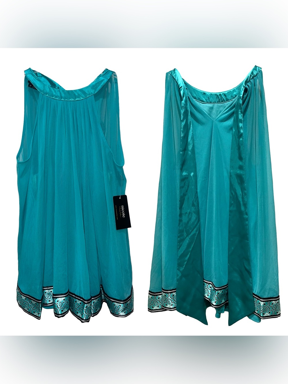NWT Nicole Miller Sleeveless Top Teal A-Line Resort Sheer Overlay Tie Neck Sz 4